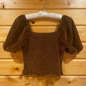 American Eagle Outfitters Brown Corduroy Smocked Puff-Sleeve Top Size Small